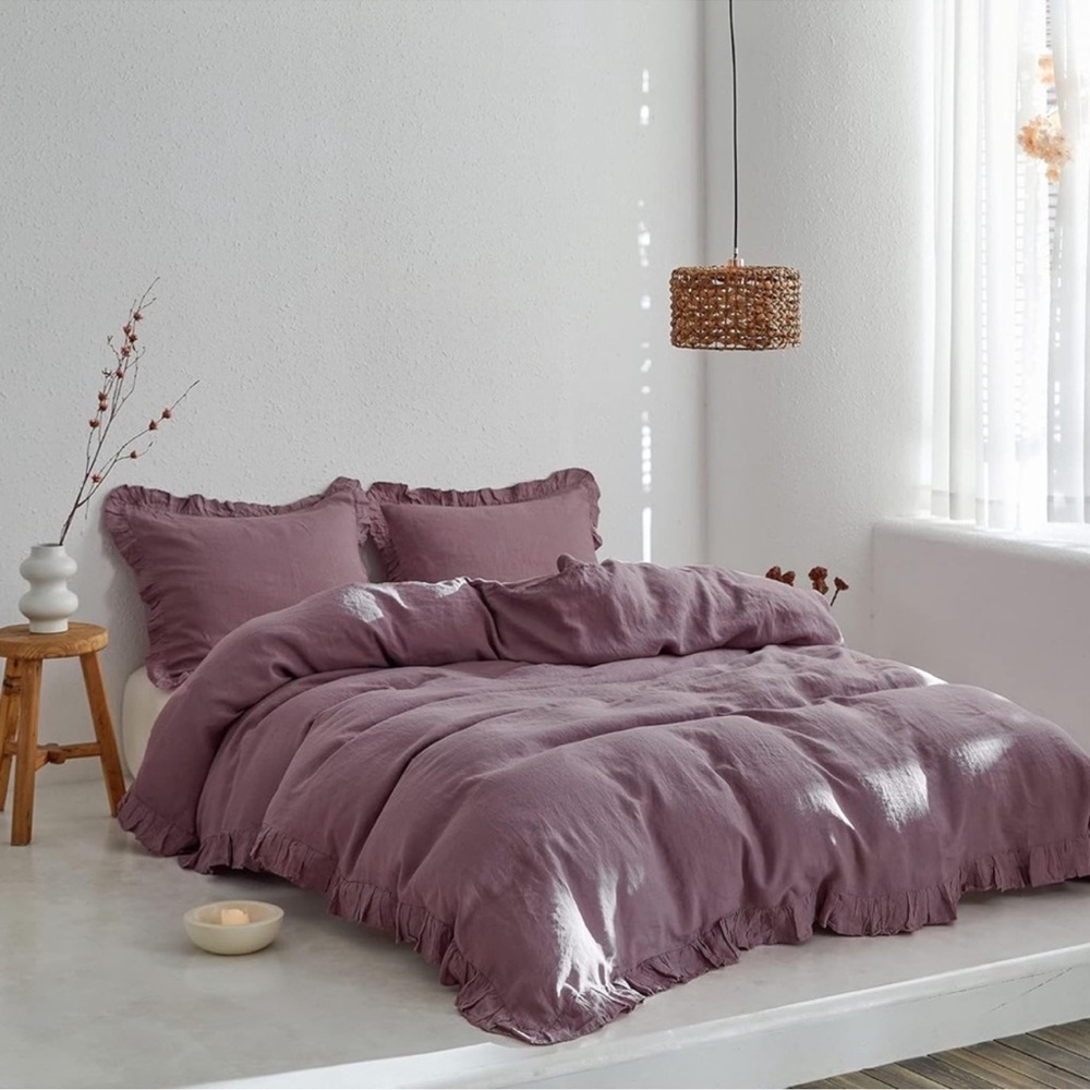 🆕 Luxury 100% Linen Ruffle Duvet Cover Set in QUEEN